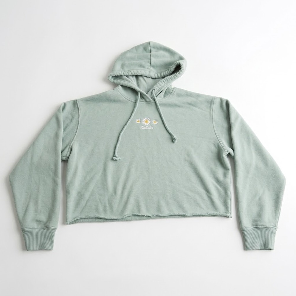 Hollister Crop Hoodie Sweatshirt Womens Medium Green Daisy Embroidered Raw Hem